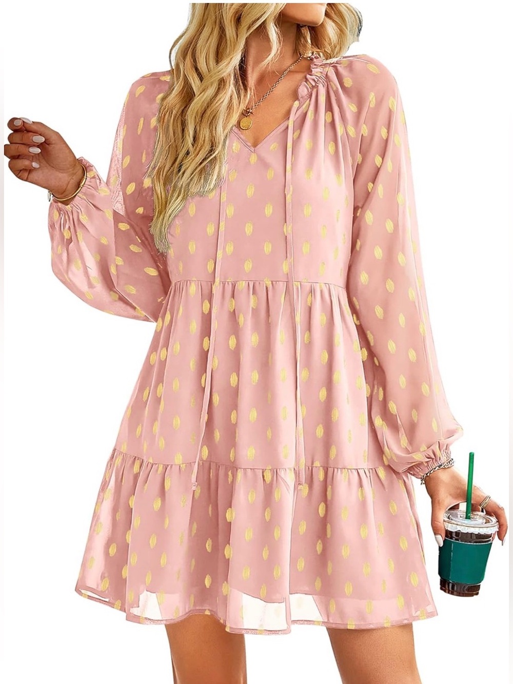 Pink Tiered Mini Dress with Gold Dot Accents